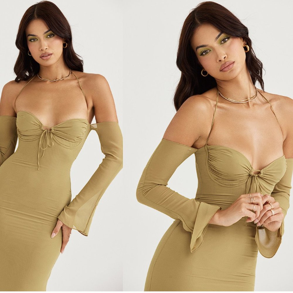 HOUSE OF CB 'Naomi' Olive Halter Midi Dress NWOT - Picture 2 of 9